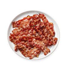 Slices of tasty fried bacon isolated on white, top view