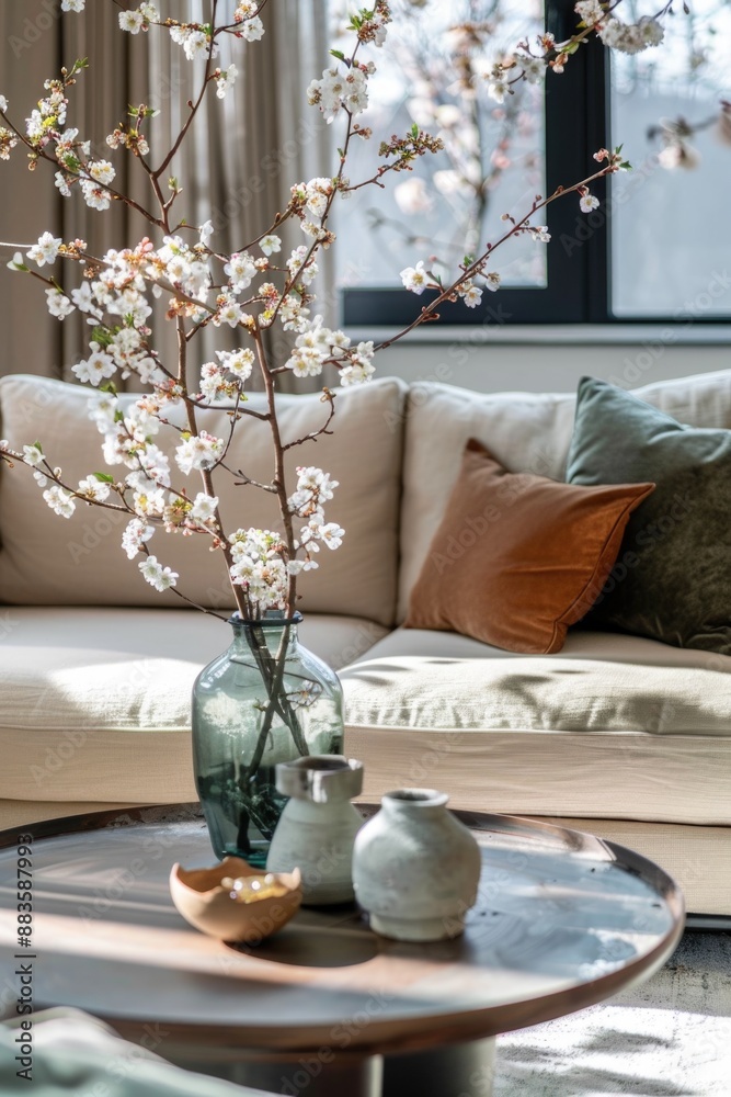 Poster a warm and inviting living room with comfortable furniture and a large window letting in plenty of n