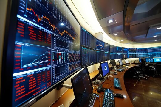 Trading Room with Financial Data Displayed on Large Screens