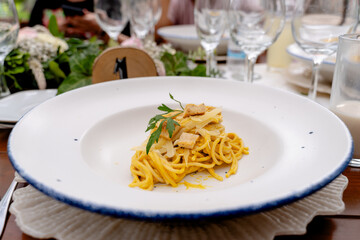 gourmet pasta with chicken and parmesan - top view
