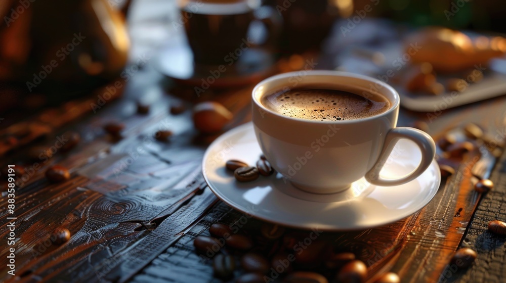 Aufkleber a cup of coffee placed on a saucer on a table, ideal for a morning pick-me-up or as a decorative ele