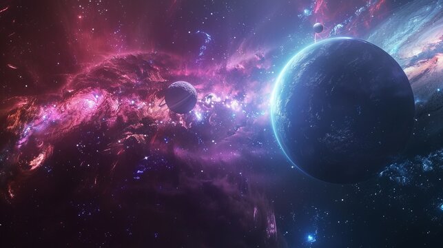 A breathtaking cosmic scene featuring three celestial bodies amid a vivid, colorful haze of stars and glowing nebula, emphasizing the beauty and complexity of the universe.