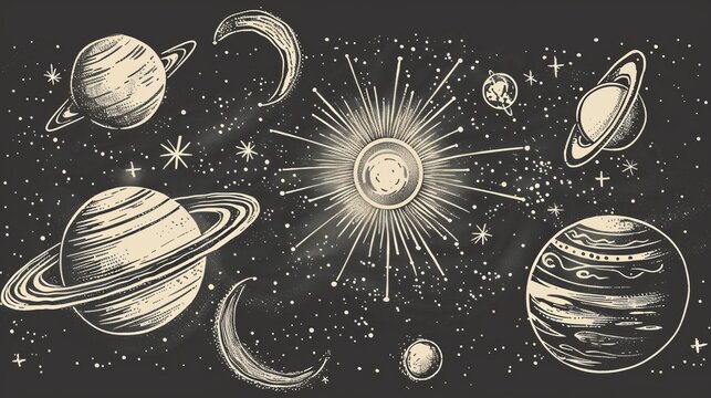 A vintage-style illustration showcasing various planets, moons, and stars, capturing the classic artistic representation of our solar system in a nostalgic and imaginative manner.