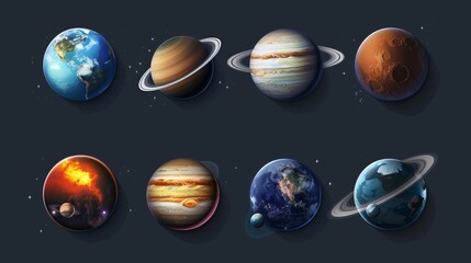 A collection of beautifully illustrated planets from our solar system set against a dark background, emphasizing their distinct colors and textures.