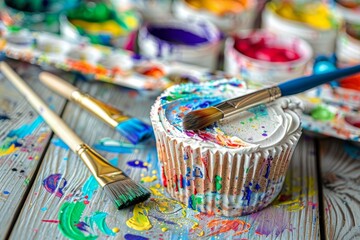 Fototapeta premium Colorful Cupcake on Artists Palette, Artistic Passion Project, Sweet Treat for Creative Inspiration