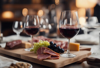 Obraz premium Red wine in a crystal wine glass with a charcuterie board in a high-end wine bar 