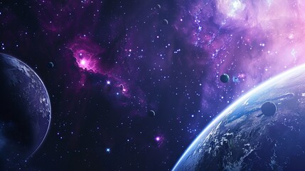 Fototapeta premium A breathtaking scene from deep space featuring numerous planets and nebulas, capturing the grandeur and infinite possibilities of the cosmos through a vibrant display.