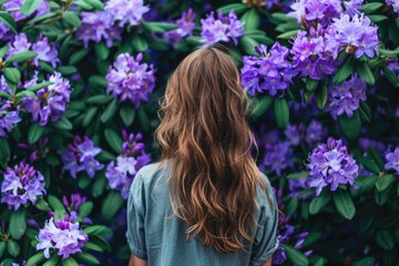 Fototapeta premium A woman stands in front of a bush of purple flowers, looking relaxed
