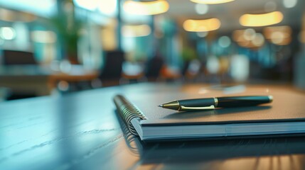 Notebook and Pen on a Table in a Modern Office Space