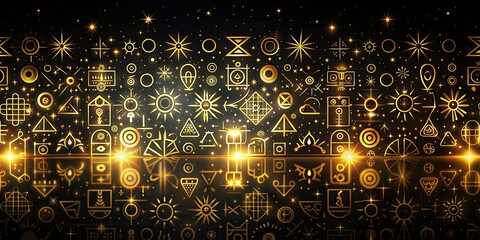 Golden glyphs shining on a dark midnight background, golden, glyphs, shining, dark, midnight, background, mystical