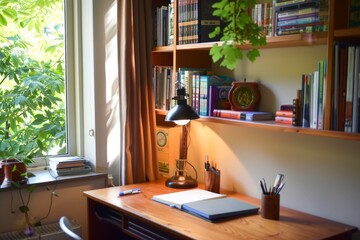 Cozy Home Office with Natural Light and Bookshelf