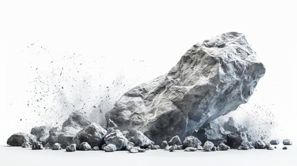 Rock stone white background fall black falling space isolated splash dust mountain cliff flying  Earth stone boulder texture rock abstract broken powder white dirt blast float burs