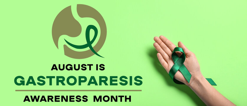 Hand with green ribbon on color background. Liver cancer concept