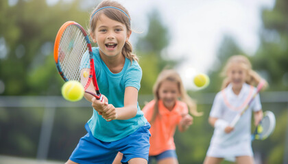 Cute little girl with tennis racket and shot the ball 