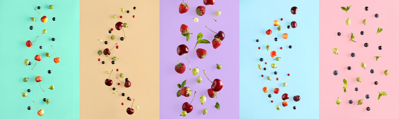 Collage of many different flying berries on colorful background