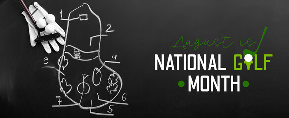 Balls with club, glove and drawn scheme of golf game on blackboard