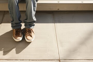 Teenager is taking a break, sitting on a concrete bench