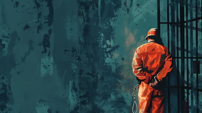 A vivid and detailed illustration showing a prisoner in an orange jumpsuit behind jail bars, emphasizing solitude and confinement in a creatively painted setting.