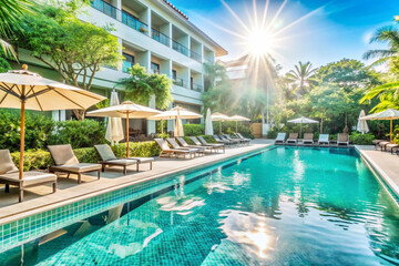 Fototapeta premium Sparkling turquoise water laps against the sun-kissed deck of a luxurious hotel pool, complete with umbrella-topped lounge chairs and lush greenery surrounding the tranquil scene.