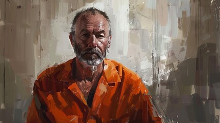 Portrait of an elderly man wearing an orange jumpsuit, captured in a serious and contemplative expression, painted in a textured, abstract background.