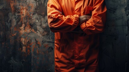 Fototapeta premium A person dressed in an orange prison uniform stands with arms crossed against a textured wall, conveying themes of imprisonment, defiance, and isolation.