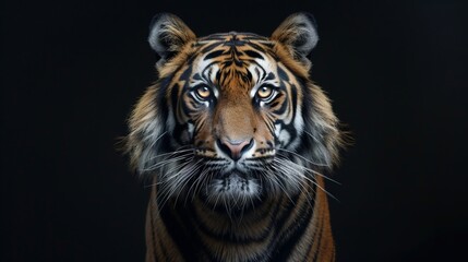 Fototapeta premium A gripping close-up of a tiger's face with piercing eyes against a black background, captured in studio lighting, showcasing its captivating beauty and intense presence.