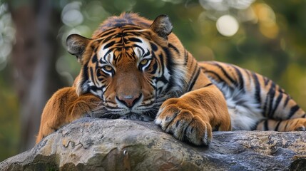 Obraz premium This stunning image captures a majestic tiger resting peacefully on a rock in its natural habitat, surrounded by the lush greenery of the forest.