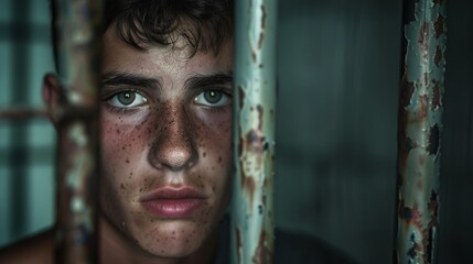 Close-up of a freckled boy with green eyes, standing behind rusty bars, with a serious expression, highlighting themes of confinement and youthful despair.
