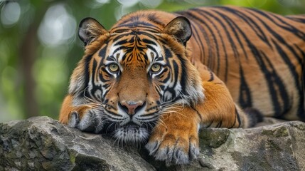 Obraz premium This powerful image features a tiger gazing intently from atop a rock, embodying the majestic and commanding presence of this apex predator in its forest habitat.