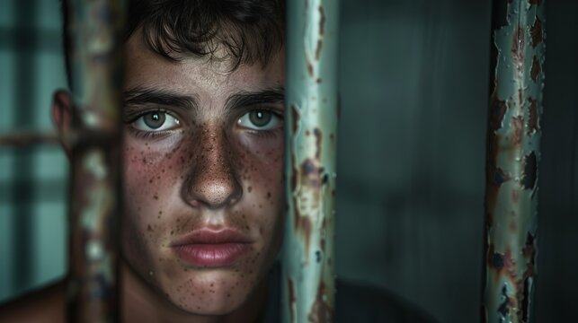 Close-up of a freckled boy with green eyes, standing behind rusty bars, with a serious expression, highlighting themes of confinement and youthful despair.