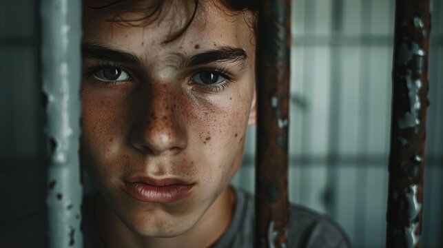 Portrait of a freckled boy with intense eyes behind rusty bars, looking solemn. The image captures themes of juvenile confinement and emotional hardship.