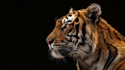 Obraz premium A stunning profile shot of a majestic tiger, highlighting its mesmerizing stripes and intense gaze, set against a stark black background, evoking power and grace.
