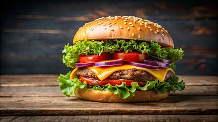 Delicious fast food hamburger with melted cheese, juicy meat, fresh tomato, crispy onion, lettuce, and fluffy bread