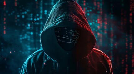 A hooded figure stands in front of a digital art background, embodying mystery, technology, and the modern cyber world with a futuristic aesthetic.