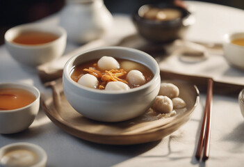 Samgyetang with ginseng and jujubes in a traditional Korean bowl with a cup of ginseng tea in a high-end Korean restaurant
