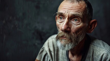 Obraz premium A man wearing a striped shirt sits in a dark environment, his thoughtful expression reflects deep contemplation and serious introspection about life and its challenges.