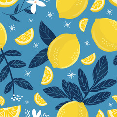 Vector seamless lemon fruits pattern with light blue background.