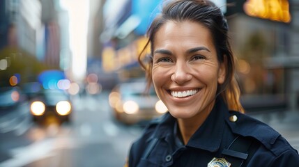 A happy female police officer in full uniform, smiling brightly during her duty in a bustling urban environment, embodying reliability and approachability in public service.