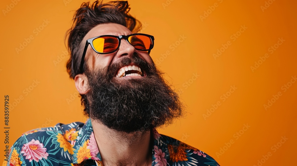 Wall mural a bearded man, dressed in a floral shirt, poses against a bright orange background, exuding a unique