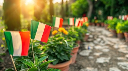 Row of italian flags displayed in a line for public exhibition and cultural representation