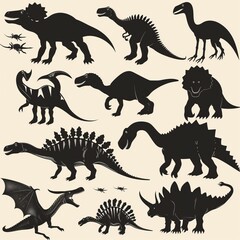 This image features silhouettes of various dinosaur species against a beige background, showcasing prehistoric creatures like Tyrannosaurus, Stegosaurus, and Triceratops.