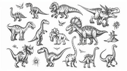 This illustration showcases a collection of various dinosaurs depicted in a detailed black and white sketching style, highlighting different species and their distinct features.