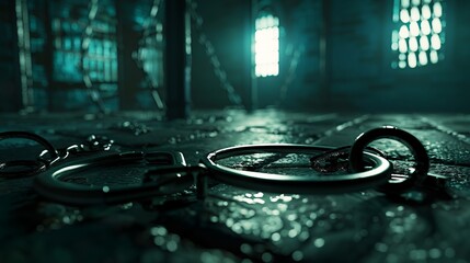 A close-up view of abandoned shackles resting on the aged, gritty floor of a cell, underdim light, evoking a sense of historical imprisonment and escape narratives.