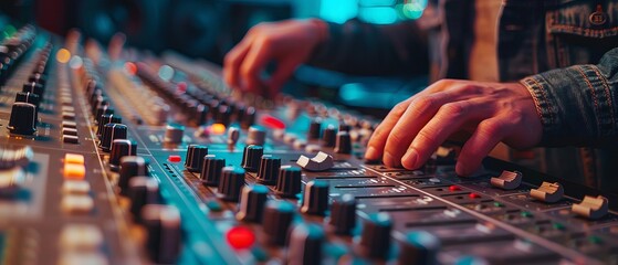 A sound engineer adjusting knobs on a mixing console, emphasizing their expertise in audio engineering