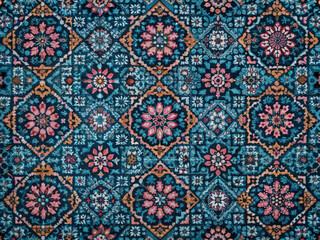 Vibrant seamless Mediterranean pattern featuring a set of intricately designed azulejo floor tiles with abstract geometric shapes in a beautiful cement talavera style.