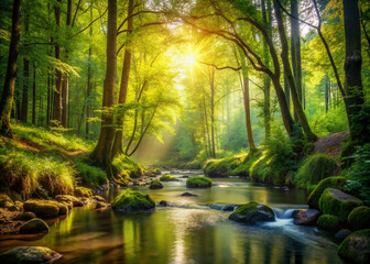 Serene forest scene with sunlight filtering through dense foliage, gentle rustling of leaves and quiet murmurs of a peaceful stream in the background.
