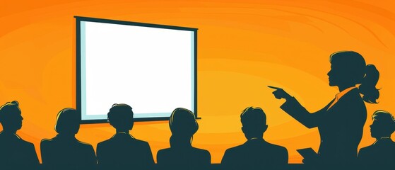 Silhouette of a business presentation or meeting with a speaker pointing at a blank projection screen, orange background.