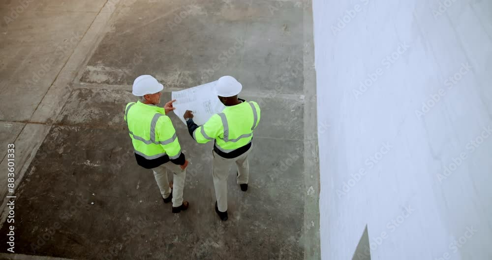Aufkleber construction, people and architect with paper in discussion for building plan, inspection and feedba