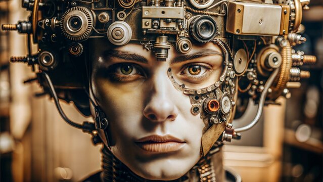 Human face composed of evolving gadgets, symbolizing tech integration, inspiration