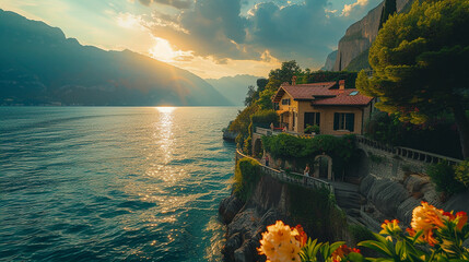 Fictional rustic town on a hillside on a cloudy day.          